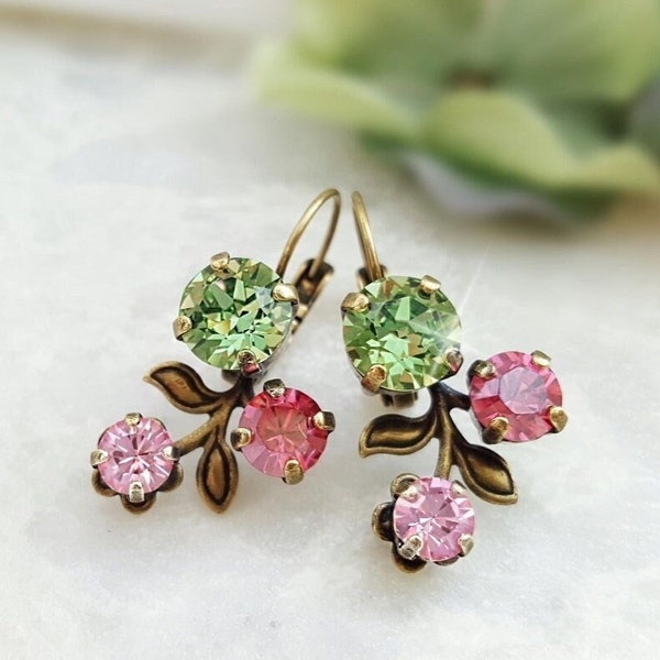 CRYSTAL FLOWER EARRINGS Pink and Green Floral Drops, Botanical Jewelry Gift for Women, Rhinestone Peridot & Pink Tourmaline E3947