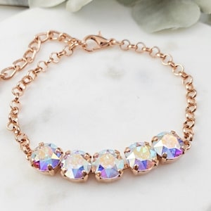 Rose Gold Adjustable Crystal Bracelet, CHOOSE YOUR CRYSTALS, Garnet, Blue Opal, Peach, Aquamarine, Diamond Aurora Borealis Rhinestone B4011A