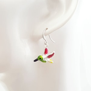 HUMMINGBIRD EARRINGS SILVER Enameled Bird Dangles, Little Parakeets, Humming Bird Jewelry, Pink Green Bird Lover Gift, Bird Watchers E5331