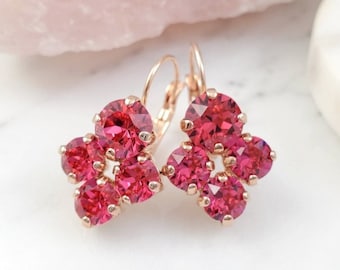 HOT PINK EARRINGS Rose Gold Fuchsia Tourmaline Crystal Dangles, Pink Cluster Drops, Indian Pink Rhinestone Birthstone Jewelry for Her E3422A