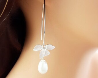 LONG DANGLE PEARL Teardrop Earrings, Ivory Pearls with Silver Orchid Flower, Dangling Lily Bridal Jewelry, Bridesmaid White Waterdrop E4110