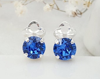 Sapphire CLIPON Earrings Blue Crystal Studs NONPIERCED 8mm Small Silver Clip-On Earrings, Non-Pierced Little Stud, Blue Jewelry Gifts CL1032