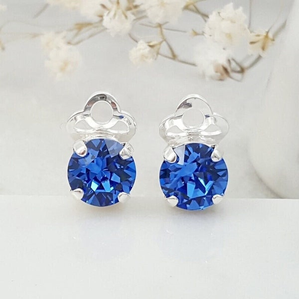 Sapphire CLIPON Earrings Blue Crystal Studs NONPIERCED 8mm Small Silver Clip-On Earrings, Non-Pierced Little Stud, Blue Jewelry Gifts CL1032