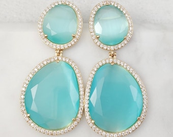 BIG AQUAMARINE EARRINGS, Mint Blue Cat's Eye Stones, Bright Turquoise Drops, Aqua Crystal Cz Bracelet, E2613