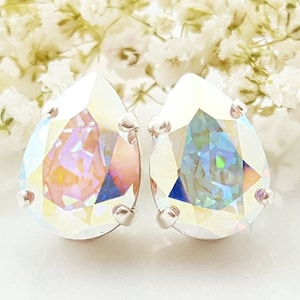 Iridescent Diamond Earrings LARGE CRYSTAL AB Waterdrop Studs, Large Silver Pearshaped Rhinestone Diamond Studs, Sparkly Gifts for Her E3232