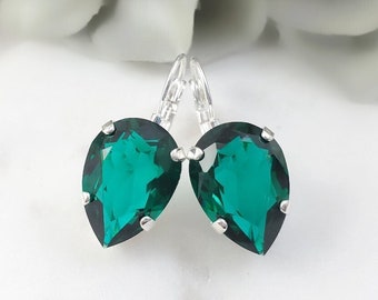 EMERALD EARRINGS SILVER Dark Green Teardrop Crystals, Big Tear Drop Jewelry Gift for Her, Green Tourmaline Rhinestone May Birthstone E2036A