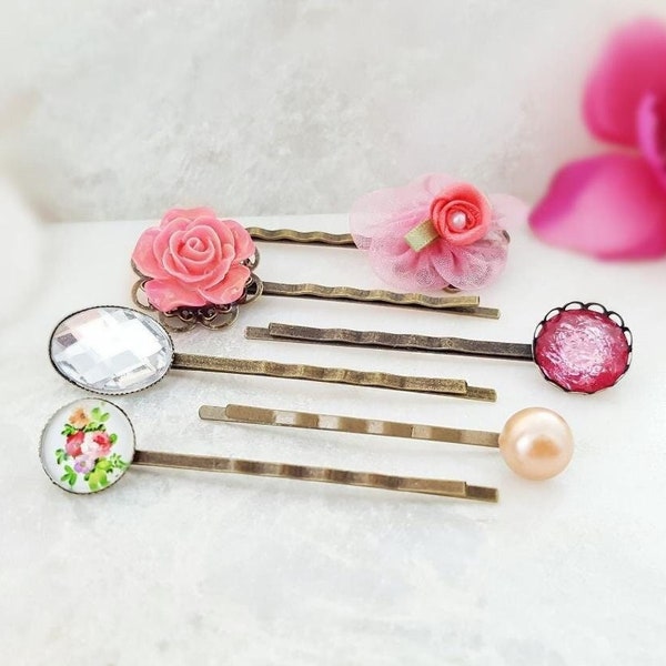 PINK BOBBY PIN Set of 6, Decorative Crystal Hairpins, Rose Floral Hairpiece Braid Accessory, Vintage Hair Pins Peach Flower Hair Clip H1038