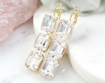 GOLD DIAMOND DANGLE Earrings, Sparkly Crystal Rhinestone Statement Necklace, Dangling Jewelry Set, Clear Swarovski Baguette Crystals E3899A