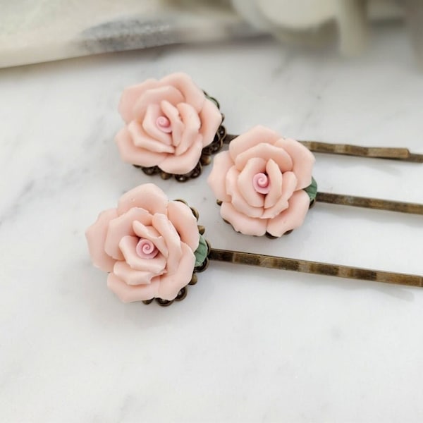 PRETTY Light Pink Rose Hair Pins, Peach Victorian Accessory, Set of 3 Bronze Bobby Pins, Purple White Blush Porcelain Flower Hair Clip H4114