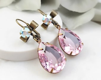 PINK CRYSTAL EARRINGS Vintage Bronze Teardrops, Choose Your Style & Crystal Color, Citrine Topaz, Fire Opal, Peridot, Ruby Red Glass, E9376A