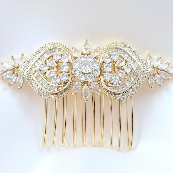 Gold Bridal Hair Piece, Rose Gold or Silver DIAMOND HAIR COMB, Large Clear Cz Crystal Bridal Haircomb for Wedding Hairpiece for Bride H2085A