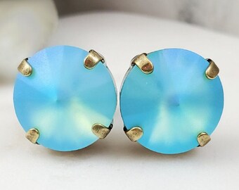 AQUAMARINE STUD EARRINGS Antique Bronze Round Matte Turquoise Stone, Frosted Opaque Blue Mint Jewelry Gift for Her March Birthstone E9382A