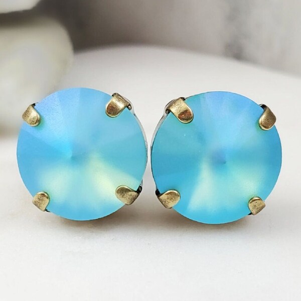 AQUAMARINE STUD EARRINGS Antique Bronze Round Matte Turquoise Stone, Frosted Opaque Blue Mint Jewelry Gift for Her March Birthstone E9382A