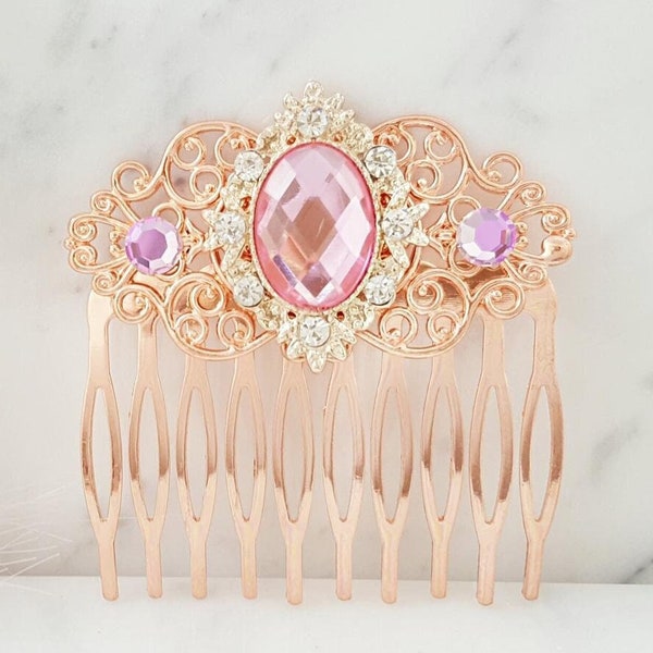 AMETHYST HAIR COMB, Pink Crystal Rose Gold Hairpiece, Pale Pink Tourmaline Crystal Hair Clip, Victorian Hairpin for Bridal Party Gift H2102