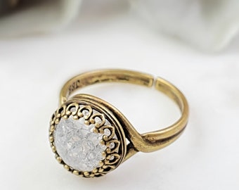 Clear Crystal Quartz Ring, Antiqued Silver or Bronze Crackled Glass Cabochon, Matching Cracked White Stone Necklace, Glass Jewelry R2113