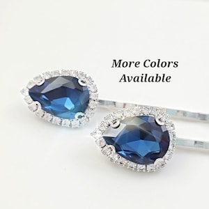SAPPHIRE Blue Bobby Pins, Set of 2 Crystal Hairpins, Choose Your Teardrop Crystal Color & Finish, Pink Decorative Diamond Hair Pins H4222A