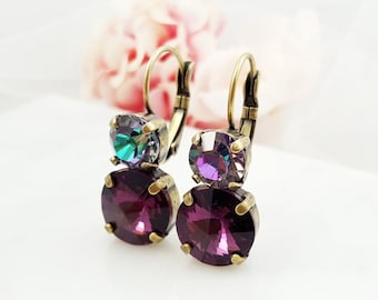 AMETHYST EARRINGS PURPLE Peacock Crystal Drops, Vintage-Inspired Round Iridescent Rhinestone Earrings, Dangling Purple Lilac Drops E3960