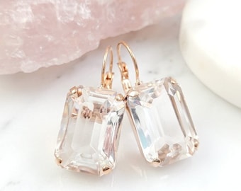 CLEAR CRYSTAL DROPS Silver Gold or Rose Gold Diamond Baguette Earrings, Big Glass Rectangle Stones,Rhinestone Statement Bridal Drop E3298