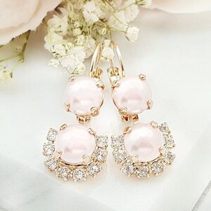 Pink Pearl Earrings Pastel Dusty Rose Pink Drops, Dangling Victorian Crystal Diamond & Pearl Earrings, Blush Pink Bridesmaid Earrings E3827