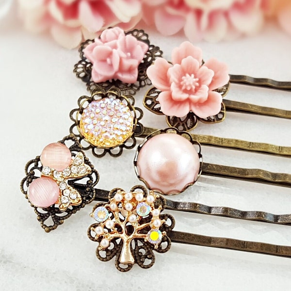 MAUVE FLOWER HAIRPINS, Butterfly Hair Clip, Blush Pearl Bridal Party, Pink Iridescent Crystal, Dusty Rose Sakura Peach Floral Slide H4233