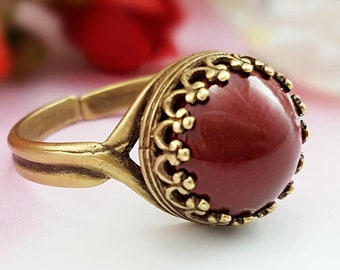 LIMITED EDITION Maroon Red Pearl Ring, Round Pearl Cabochon Ring, Antique Gold Adjustable, Burgundy Pearl, Bronze Anniversary Gift, R5047