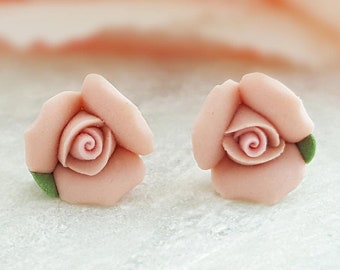 SMALL Peach Rose Studs, Victorian Porcelain Rose Earrings, Small Rosebud Flower Jewelry, Floral Blossom Wedding Bridal Party Gift E8004