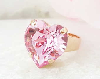 PINK HEART RING Rose Gold Heart-Shaped Crystal Jewelry, Light Rose Rhinestone, Big Chunky Promise Ring for Her Tourmaline Birthstone R4001