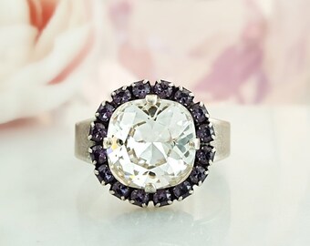 Tanzanite Ring Silver Amethyst Purple & Diamond Ring, SQUARE CUSHION CUT Clear Swarovski Stone, February Birthstone Jewelry R2084