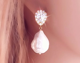 LARGE BAROQUE PEARL Earrings Cubic Zirconia Diamond Studs, Matching Ivory White Bridal Necklace Fireball Teardrop Genuine Freshwater E4250