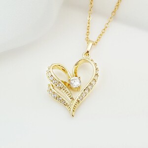 Gold Heart Necklace HEART JEWELRY GIFT, Cz Diamond Heartshaped Valentine Pendant, Romantic Cubic Zirconia Jewelry Gift for Girlfriend N2410 image 1