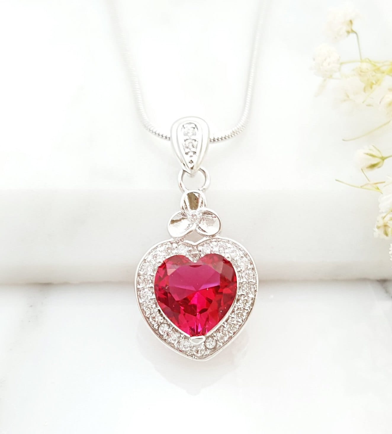 【SOFT SEOUL】 ruby heart necklace red / silver Sterling Silver Ruby Heart Necklace Created with Swarovski