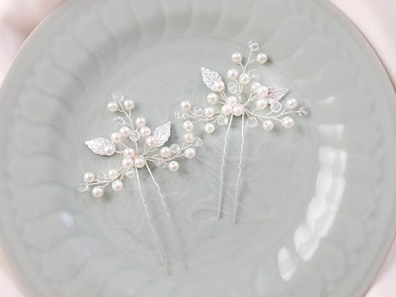 Pearl Bridal Hair Pins 2 WHITE HAIRPINS Choose Your Pair, Silver Leaf Bun Sticks, Diamond Crystal Picks, Floral Wedding Hairpiece H1028A