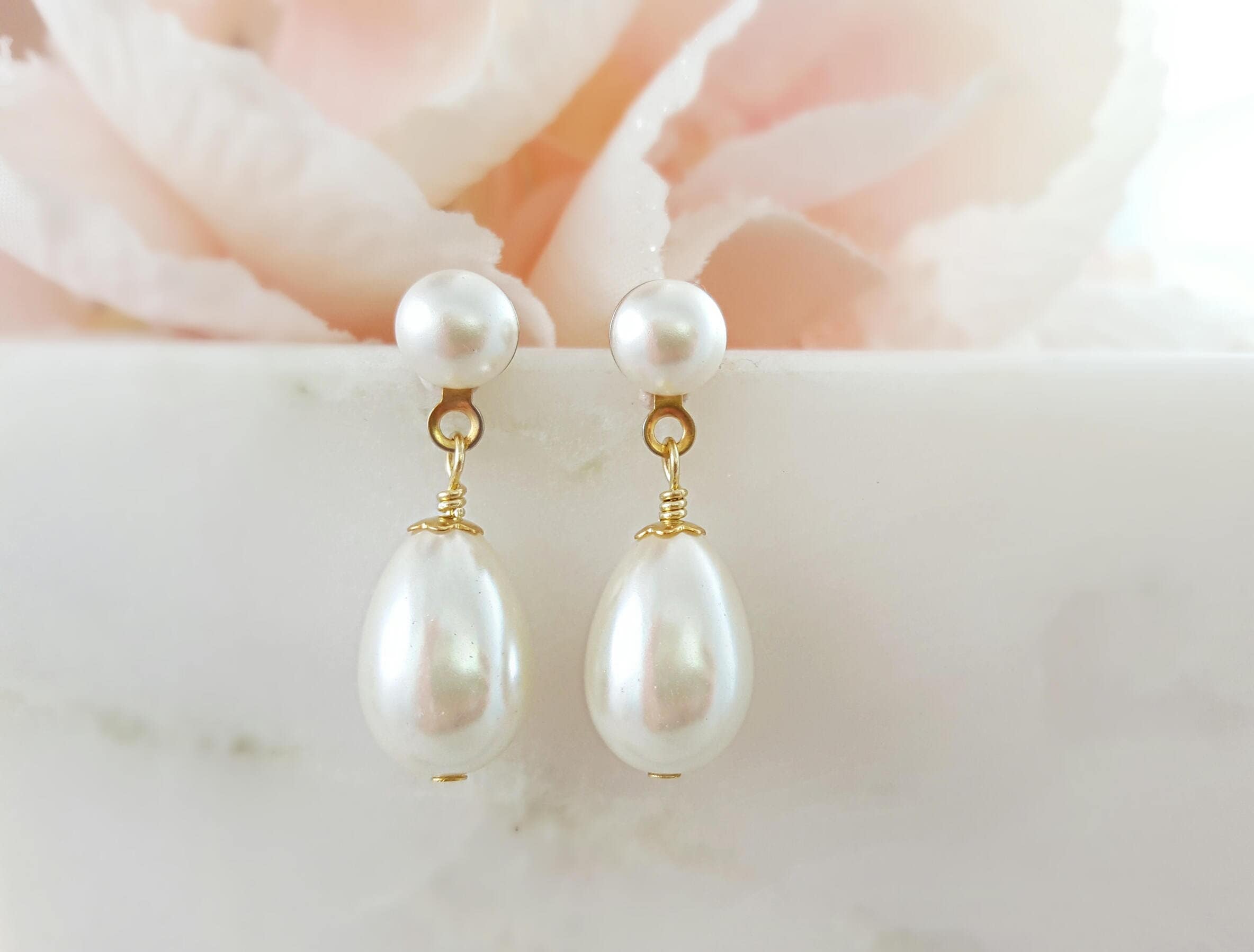 Pearl Teardrop Earrings Gold Long Drop Bridal Jewelry, Dangling