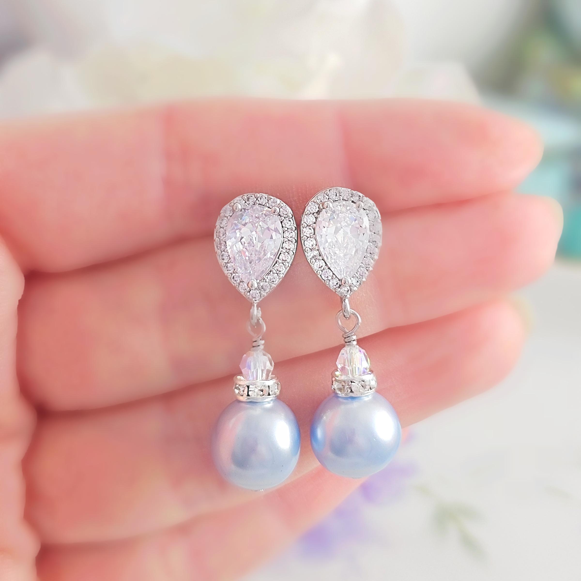 BLUE PEARL EARRINGS Wedding Pearl Bracelet, Diamond Crystal Dangle