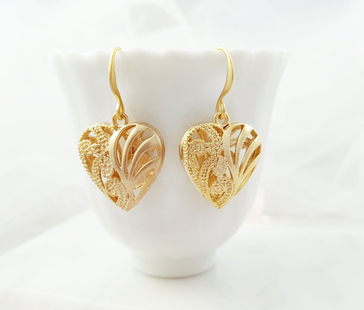 Gold Heart Earrings Puffy Heartshaped Drops Dangling Etsy Australia