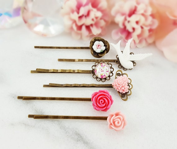 MAUVE FLOWER HAIRPINS, Bridal Party Accessories, Set of 6 Bobby