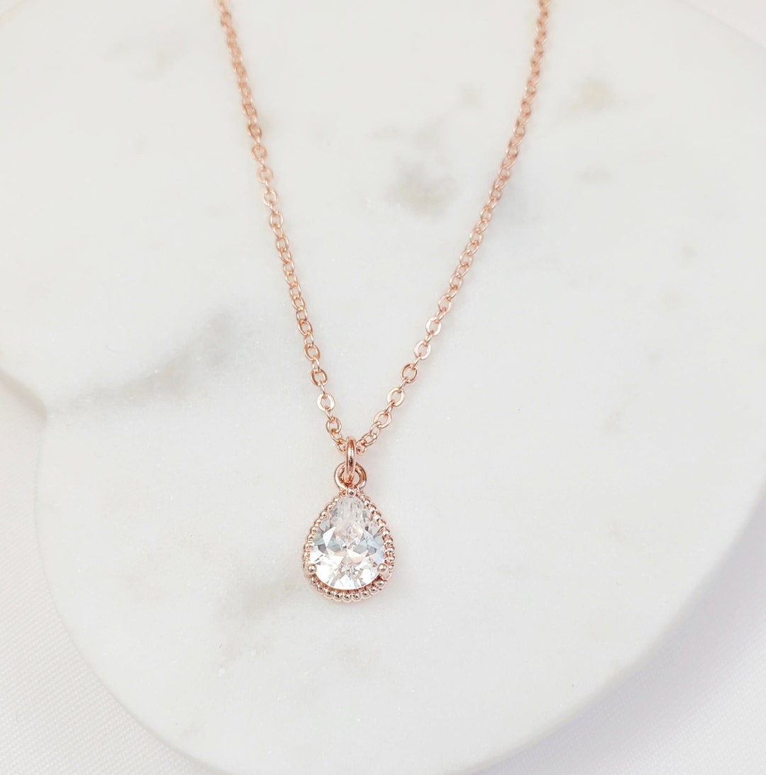 ROSE GOLD TEARDROP Necklace Cubic Zirconia Diamond Pendant, Clear