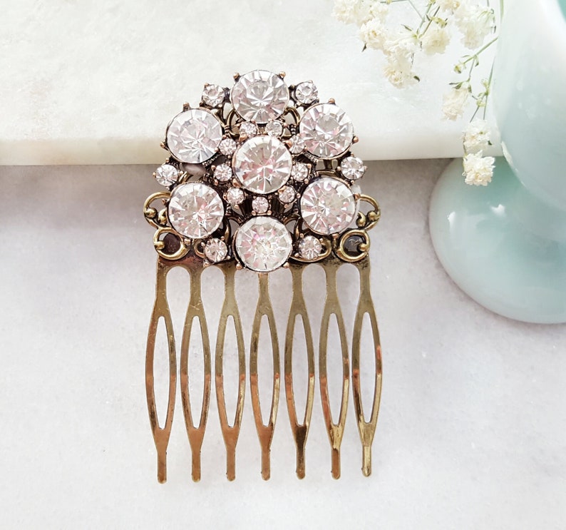 Big Sparkly Slide Crystal Wedding Hair Comb Clear Rhinestone Side Haircomb Victorian Bronze Hairpiece Vintage Bridesmaid Accessory H2049A