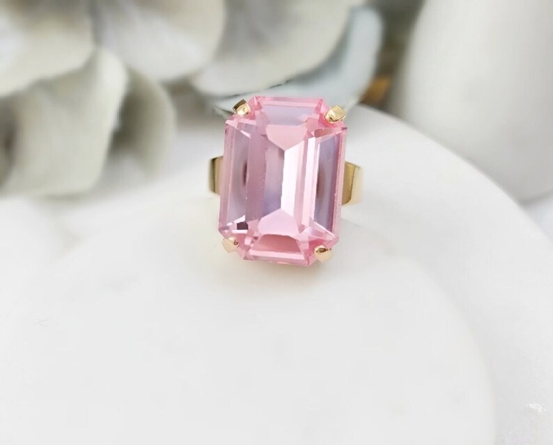 Pink Statement Ring Gold Rose Tourmaline Crystal Jewelry, BIG PINK BAGUETTE, Faceted Rectangle Stone, Ladies Cocktail Ring Gifts R3044A image 1