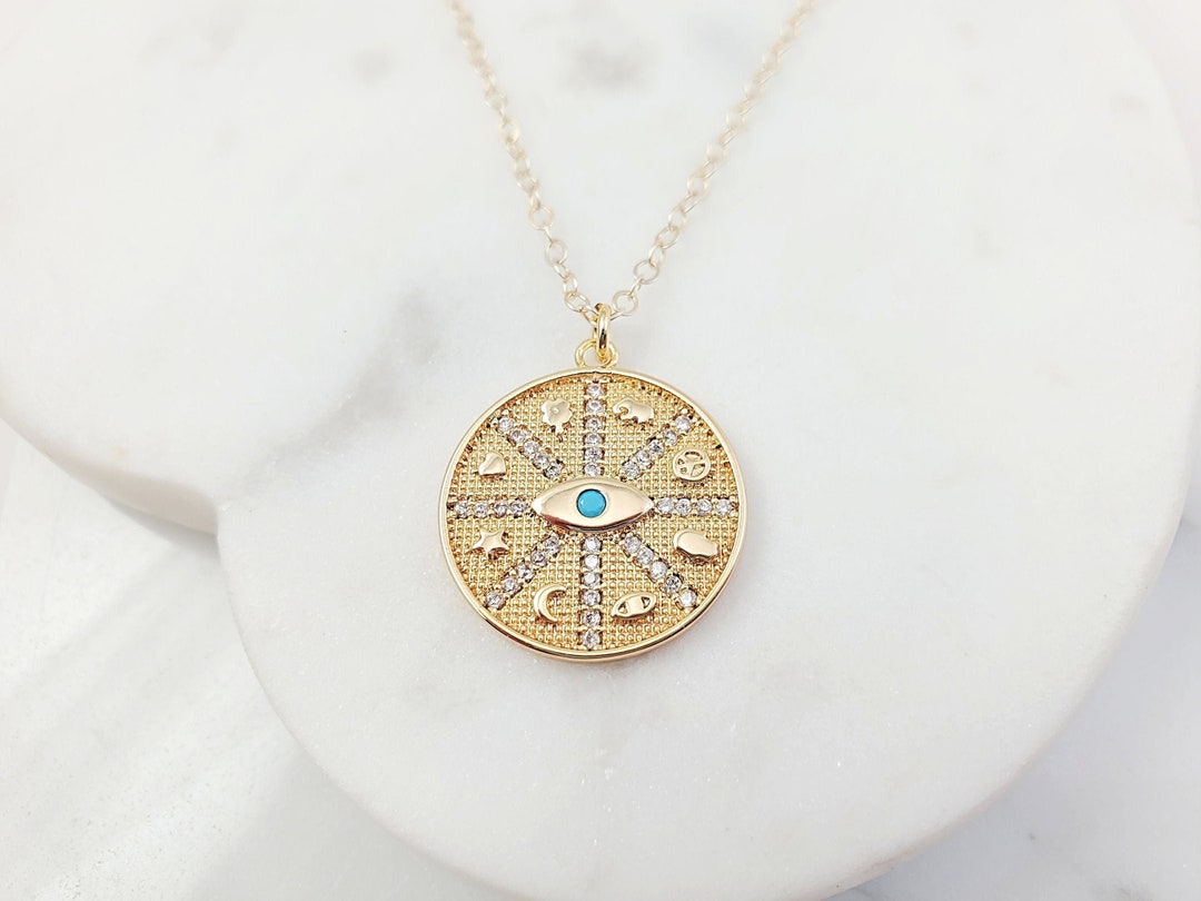 PAVE Turquoise Evil Eye Disc Necklace Goldfilled Diamond Celestial Jewelry,turquoise Medallion