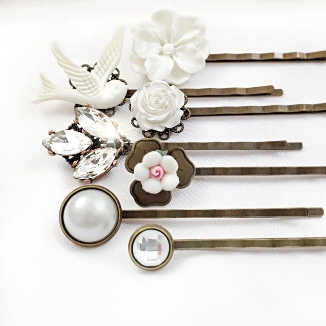 White Wedding Hair Pins Ivory Porcelain Rose Bobby Pin Set of 7, Diamond  Crystals, White Dove Pearl Clip, Decorative Bridal Hairpins AH1012 