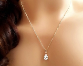 Rose Gold Teardrop Necklace, Small Silver CUBIC ZIRCONIA CRYSTAL Tear Drop Pendant Diamond Bridal Party Jewelry Gold Bridesmaid Gift N2829A