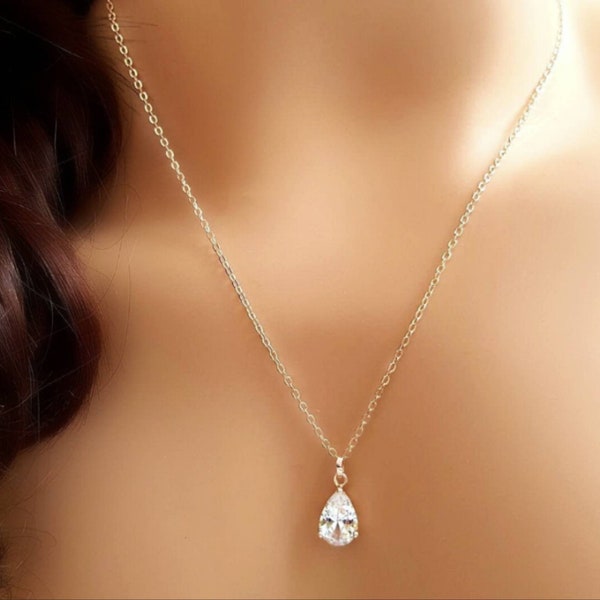 Rose Gold Teardrop Necklace, Small Silver CUBIC ZIRCONIA CRYSTAL Tear Drop Pendant Diamond Bridal Party Jewelry Gold Bridesmaid Gift N2829A