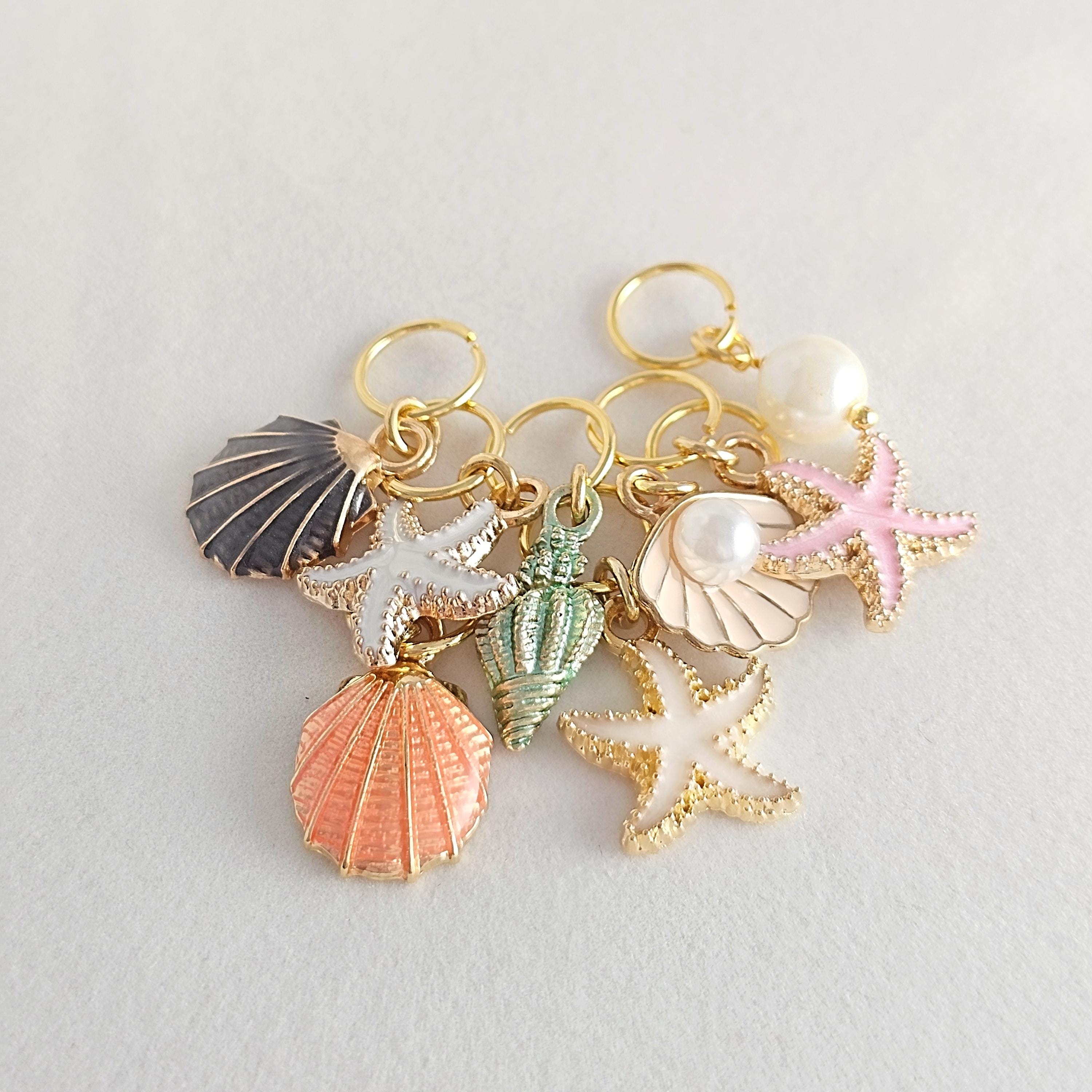 Seashell & Pearl HAIR RINGS 8 Gold Hair Charms, Starfish Hair Dangle, Ocean Beach Braid Jewelry, Blue Conch Clam Shell, Ivory Pearls HR1001A