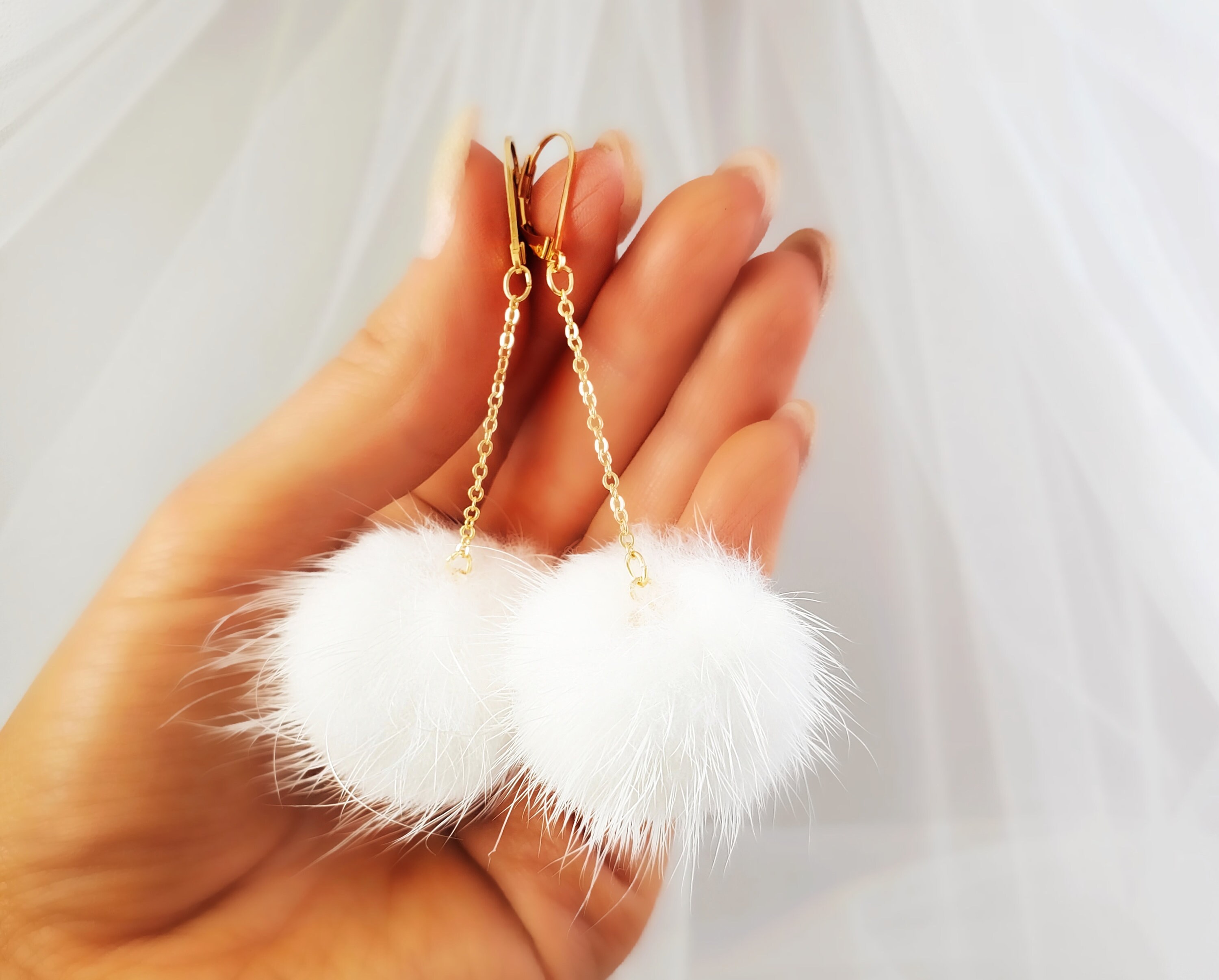 GOLD POM-POM Earrings Furry Puffs White, Black, Pink, Beige