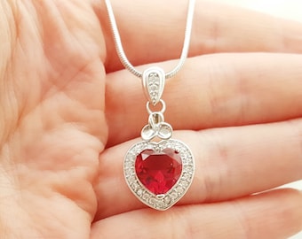 RED HEART NECKLACE, Silver Ruby Diamond Cz Pendant, Romantic