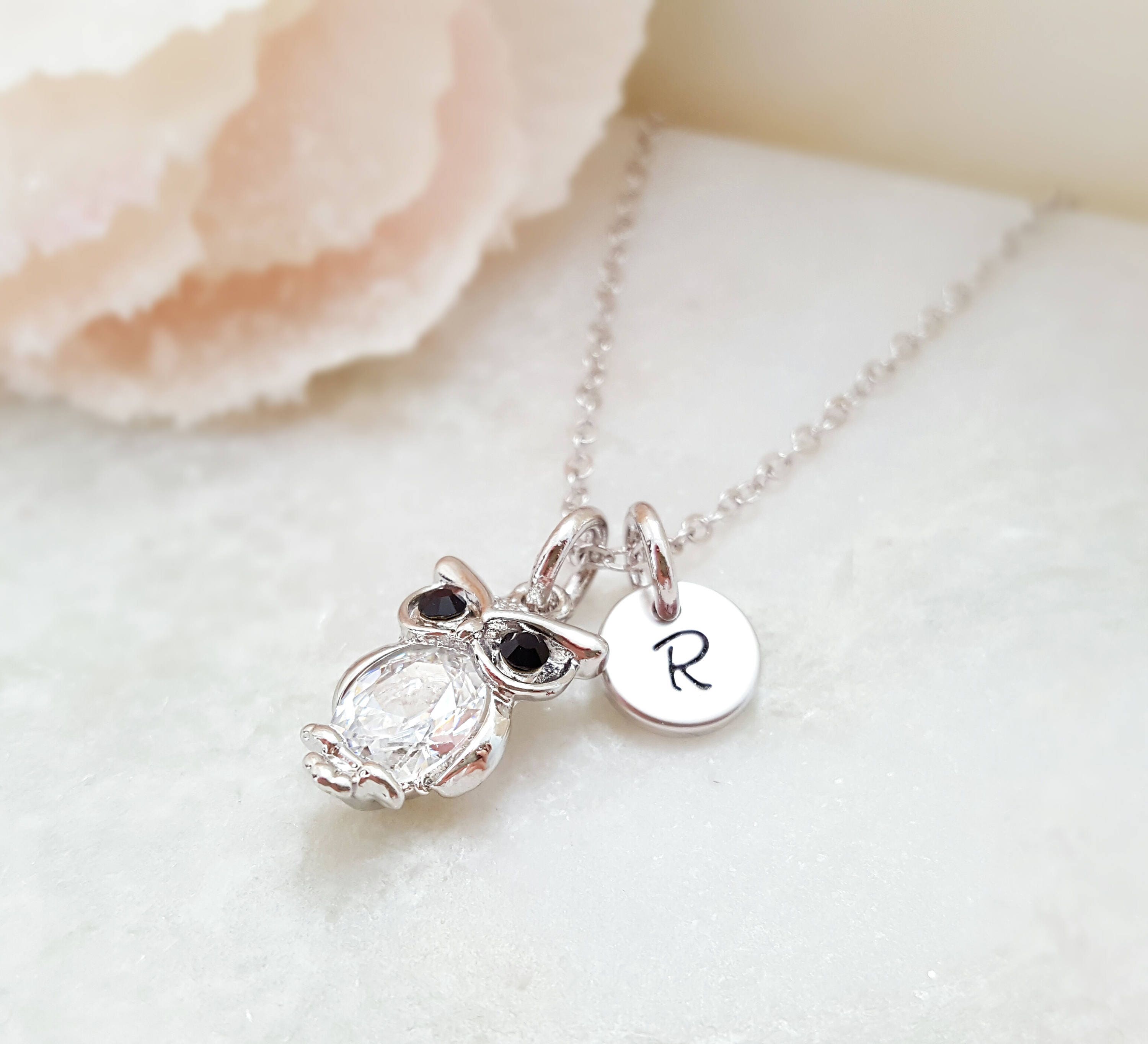 SILVER OWL NECKLACE, Silver or Rose Gold Owl Lover Jewelry, Personalized Initial Disk, Round Disc St
