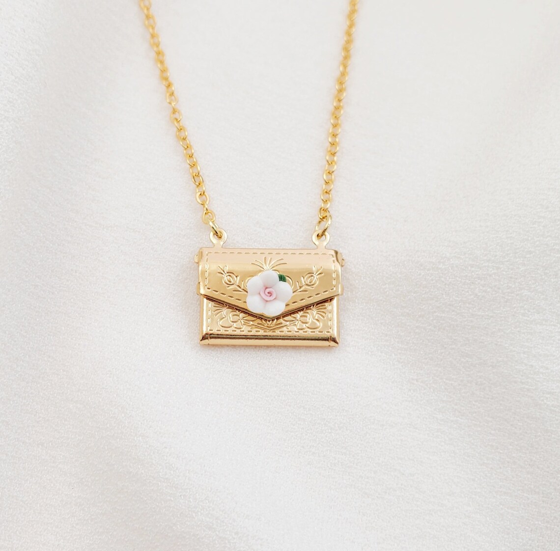 ENVELOPE LOCKET NECKLACE Porcelain Flower Rose Gold Locket Etsy