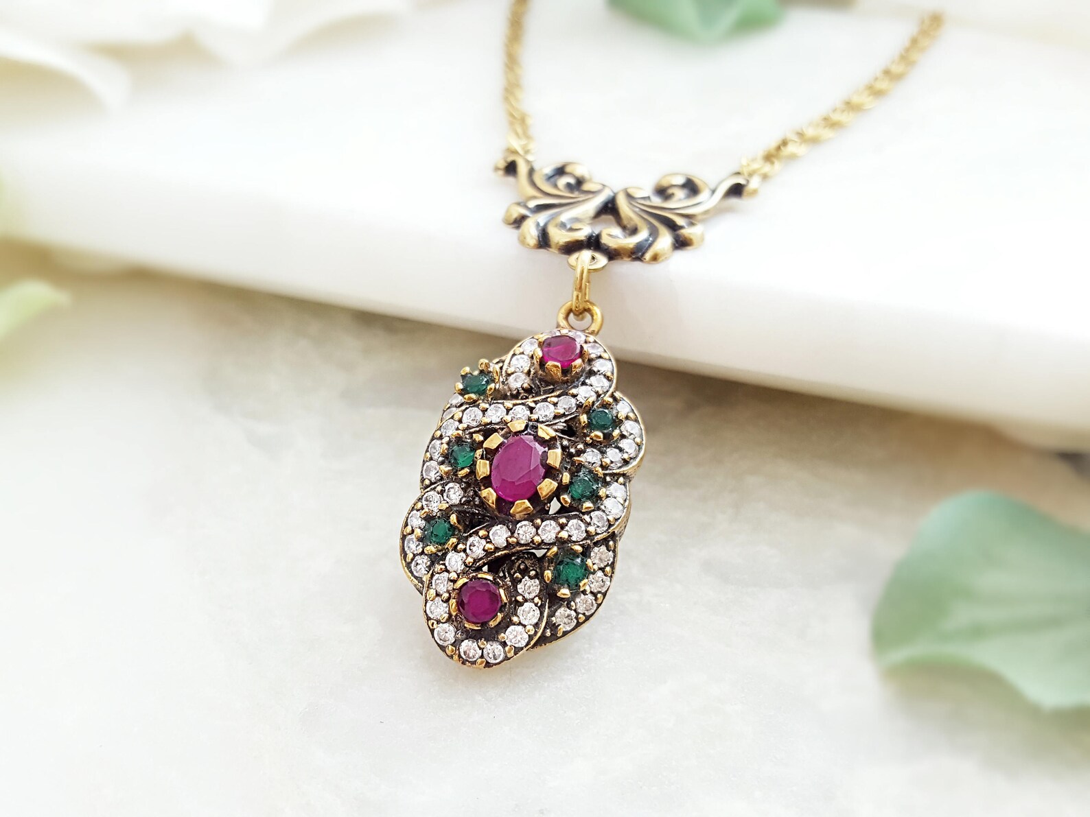 RUBY EMERALD NECKLACE Gorgeous Gold Cubic Zirconia Diamond | Etsy