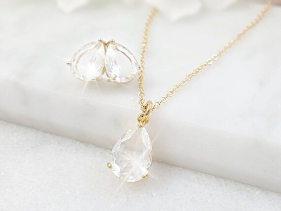 GOLDFILLED Diamond Cubic Zirconia Teardrop Necklace & Small Pear Shaped Stud Earrings, Clear Tear Drop Pendant, Faceted Pearshape Drop N5171